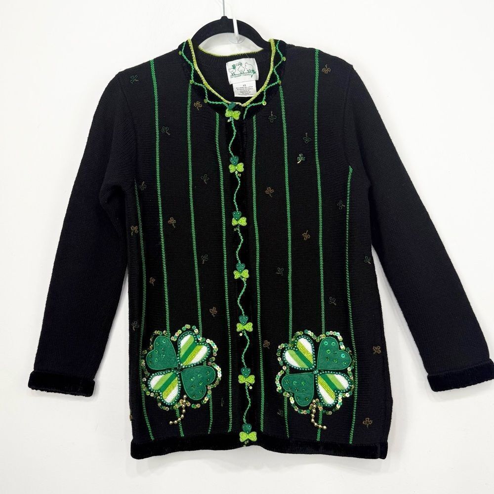 The Quacker Factory Black Green St Patrick's Day Clover Bead Sequin Cardigan